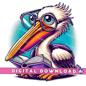 Pélican avec des lunettes de lecture livre ouvert PNG en téléchargement numérique Clipart imprimable art pour Dtg Dtf vêtements tasses T-Shirts impression sublimation