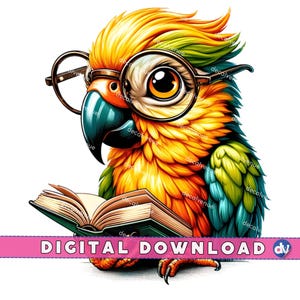 Parrot With Reading Glasses Open Book PNG Digital Download Clipart Printable Art Dtg Dtf Mugs T-Shirts Sublimation Design Print