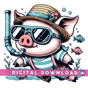 Stylish Pig Snorkeling Clipart PNG Digital Download - Printable Art for DTG Apparel Mugs T-Shirts Sublimation Design Print