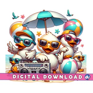 Kaczka na plaży Letnia impreza Clipart PNG Cyfrowe pobieranie - Wydrukowana sztuka dla DTG Odzież Kubki Koszulki Sublimacja Projekt Drukuj