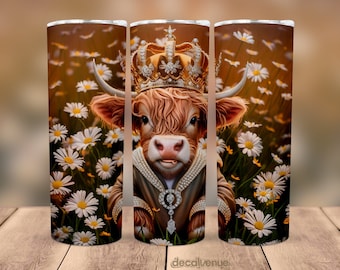 Baby Highland Cow Crown Daisies Princess 20 oz Skinny Tumbler Wrap - Seamless Printable Sublimation Art Print Design - PNG Digital Download
