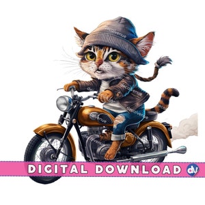 Stylish Cat Riding a Motorcycle Clipart PNG Digital Download - Printable Art for DTG Mugs T-Shirts Sublimation Design Print
