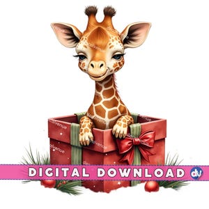 Giraffa in scatola regalo di Natale PNG Download digitale Clipart Stampabile Arte Dtg Dtf Tazze T-shirt Design di stampa a sublimazione