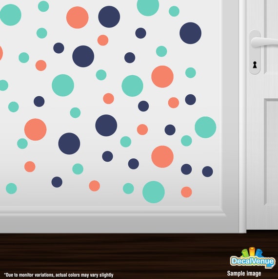 Set Of 60 Coral Mint Green Navy Blue Circles Vinyl Wall Graphic Decals Stickers Shapes Polka Dots Round