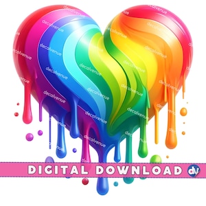 Colorful Melting Heart PNG, Rainbow Drip Art, Vibrant Digital Download, Love Symbol Illustration for Crafts and Prints, Pride Month, LGBT
