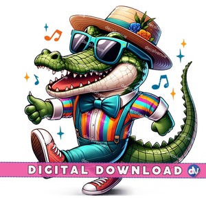 Stilvolle Krokodil im Hut Fliege Tanzen Clipart PNG Digital Download - Druckbare Kunst für DTG Bekleidung Tassen T-Shirts Sublimation Design Print