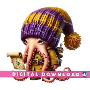Gnome pieuvre avec carte au trésor PNG téléchargement numérique Clipart - oeuvre d'art imprimable pour Dtg Dtf vêtements tasses T-shirts impression Design sublimation