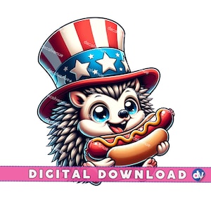 Hedgehog .Wearing Uncle Sam Hat Eating a Hot Dog Clipart PNG Digital Download - Printable Art for DTG Apparel T-Shirts Sublimation Design