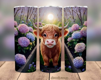 Highland Cow Hydrangeas Flower Garden 20 oz Skinny Tumbler Wrap - Seamless Printable Sublimation Art Print Design - PNG Digital Download