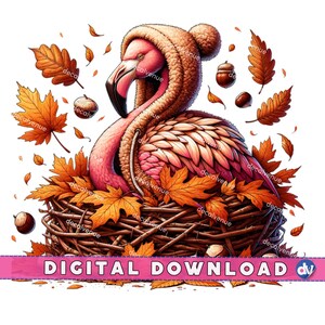 May include: A pink flamingo wearing a brown fluffy hat sits in a nest of autumn leaves. The flamingo is surrounded by acorns and leaves in shades of orange, red, and yellow.