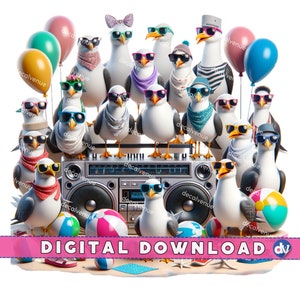 サングラスをかけたカモメのビーチパーティー PNG デジタルダウンロードクリップアート - Dtg Dtf アパレル マグカップ T シャツ昇華デザインプリント用の印刷可能なアート