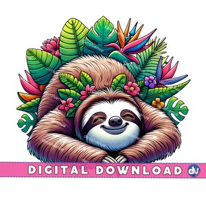 Lindo perezoso con hojas tropicales PNG Descarga digital, Imágenes prediseñadas de animales de la selva, Ilustración de perezoso boho, Arte imprimible, Descarga instantánea