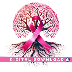 Cinta rosa y árbol de la vida Concientización sobre el cáncer de mama PNG Descarga digital Clipart Arte imprimible Dtg Dtf Tazas T-Sublimación Diseño Impresión