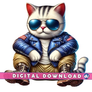 Patriotic Leather Cat Aviator Sunglasses PNG Digital Download Clipart - Printable Art Dtg Dtf Apparel Mugs T-Shirts Sublimation Design Print