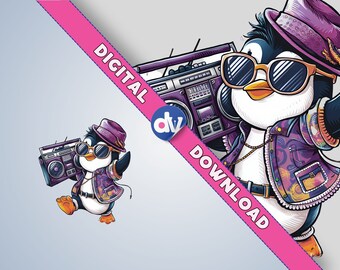 Penguin Sunglasses Dancing with Boombox Clipart PNG Digital Download - Printable Art for DTG Mugs T-Shirts Sublimation Design Print