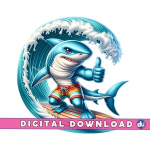 Rekin surfujący na desce surfingowej Kciuk w górę Clipart PNG do pobrania cyfrowego - Wydrukowana sztuka na DTG Odzież Kubki Koszulki Sublimacja Projekt Drukuj