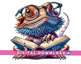 Bearded Dragon With Reading Glasses Open Book PNG Digital Download Clipart Printable Art for Dtg Dtf Mugs T-Shirts Sublimation Design Print