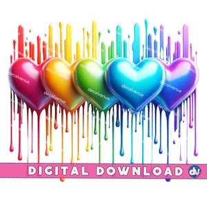 Colorful Heart Paint Drip Art, Vibrant Love PNG, Digital Download, Abstract Rainbow Hearts Clipart for DIY Projects, Pride Month, LGBT