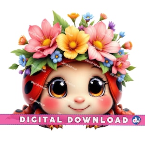 Adorabile coccinella con una corona di fiori primaverili PNG Download digitale Clipart Stampabile Arte Dtg Dtf Tazze Magliette Design di stampa a sublimazione