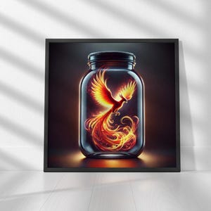 Phoenix im Glas - lodernder Vogel in Glas druckbare Kunst digitaler Download, Wand Kunst Druck | Quadratische Drucke | Druck bis 30"