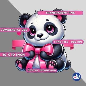 Cute Panda Holding Pink Ribbon PNG Digital Download Clipart Printable ...