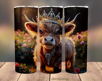 Baby Highland Cow Crown Roses Eyelashes 20 oz Skinny Tumbler Wrap - Seamless Printable Sublimation Art Print Design - PNG Digital Download