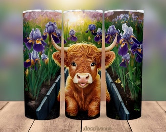 Highland Cow Iris Flower Garden 20 oz Skinny Tumbler Wrap - Seamless Printable Sublimation Art Print Design - PNG Digital Download