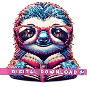 Sloth With Reading Glasses Open Book PNG Digital Download Clipart Printable Art Dtg Dtf Mugs T-Shirts Sublimation Design Print