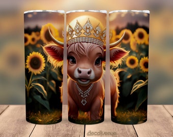 Baby Highland Cow Crown Princess Sunflowers 20 oz Skinny Tumbler Wrap - Seamless Printable Sublimation Art Print Design PNG Digital Download