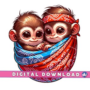 Cute Baby Monkeys Wrapped in Bandana, PNG Downloadable Design, Adorable Animal Art Digital Download, Kids Illustrations for Print, Clipart
