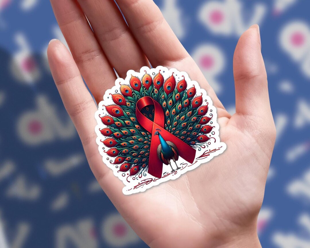 Peacock Red Ribbon Sticker, HIV AIDS Awareness Bird Art, Waterproof ...