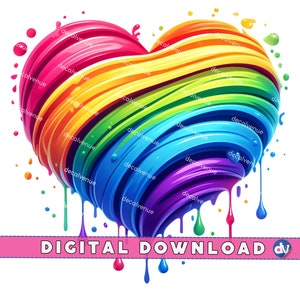 Rainbow Heart Digital Art, Colorful Paint Drip Heart PNG, LGBTQ+ Pride Digital Download, Vibrant Wall Art Decor, Pride Month, LGBT