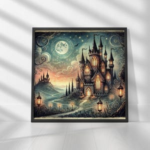 Mystical Enchanted Castle at Dusk Printable Art Digital Download, Wall Art Print | Square Prints | Print up to 30&quot;