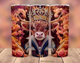 Queen Highland Cow Crown Roses 20 oz Skinny Tumbler Wrap - Seamless Printable Sublimation Art Print Design - PNG Digital Download