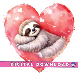 Watercolor Sleeping Sloth on a Heart PNG Digital Download Clipart Printable Art Dtg Dtf Mugs T-Shirts Sublimation Design Print
