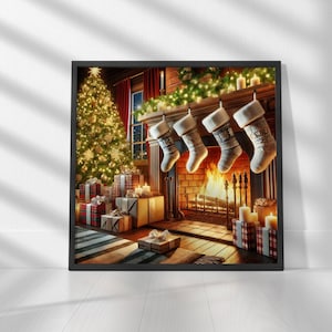 Cozy Hearth - A Warm Fireplace with Stockings and Gifts Printable Art Digital Download, Wall Art Print | Square Prints | Print up to 30&quot;