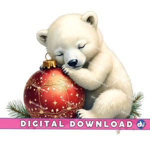 Polar Bear Sleeping on Christmas Ornament PNG Digital Download Clipart Printable Art Dtg Dtf Mugs T-Shirts Sublimation Design Print