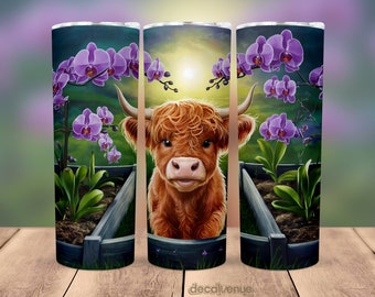 Highland Cow Orchid Flower Garden 20 oz Skinny Tumbler Wrap - Seamless Printable Sublimation Art Print Design - PNG Digital Download