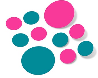 Hot Pink / Turquoise Vinyl Polka Dot Wall Decals Circles Stickers (Peel & Stick Circle Dots) for Nursery Kids Room Bathroom Decor Kit