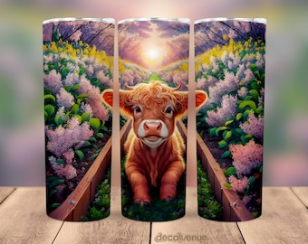 Highland Cow Lilac Flower Garden 20 oz Skinny Tumbler Wrap - Seamless Printable Sublimation Art Print Design - PNG Digital Download