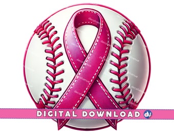 Baseball Pink Ribbon Breast Cancer PNG Digital Download Clipart Printable Art Dtg Dtf Mugs T-Shirts Sublimation Design Print