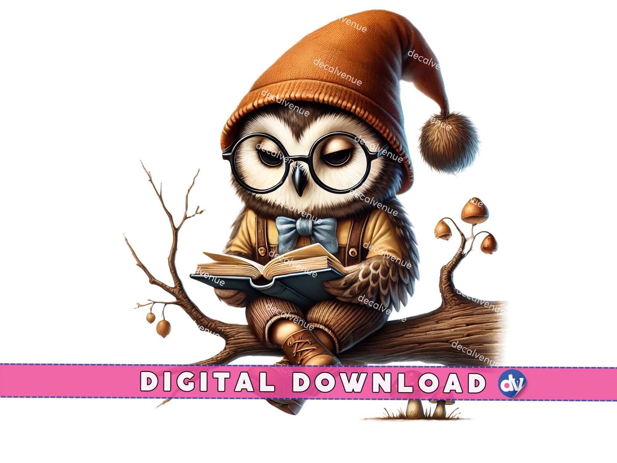 Owl Gnome Reading a Book PNG Digital Download Clipart - Printable Art for Dtg Dtf Apparel Mugs T-Shi