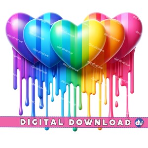 May include: A group of five rainbow-colored hearts dripping with paint. The hearts are arranged in a semi-circle, with the largest heart in the center. The hearts are made of a glossy material and have a smooth, even surface. The paint is dripping from the bottom of the hearts, creating a colorful and abstract design.