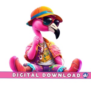 Trendy Flamingo Sitting Pretty Printable Art, Digital Download, Colorful PNG, Funky Flamingo Illustration, Hipster Bird Art, Summer Vibes