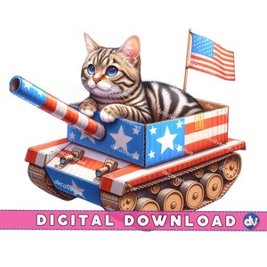 Tabby Cat Siedzący w Amerykańskiej Flagi Pomalowane Pudełko Tekturowe Tank Clipart PNG Pobieranie Cyfrowe - Wydrukowana Sztuka dla Projektu Koszulki DTG Wydruk