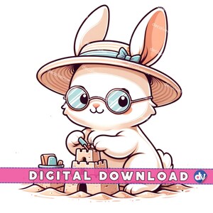 Cute Bunny in Beach Hat PNG Digital Download Clipart - Printable Art for Dtg Dtf Apparel T-Shirts Sublimation Design Print Summer Rabbit