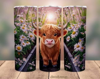 Highland Cow Daisy Flower Garden 20 oz Skinny Tumbler Wrap - Seamless Printable Sublimation Art Print Design - PNG Digital Download