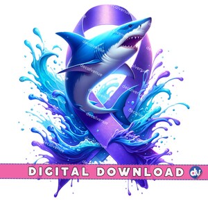 Shark Purple Ribbon PNG Digital Download Clipart Printable Art Dtg Dtf Mugs T-Shirts Sublimation Design Print