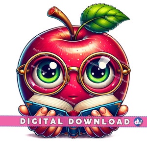 Apple in Reading Glasses with Book PNG Digital Download Clipart - Printable Art Dtg Dtf Apparel Mugs T-Shirts Sublimation Design Print