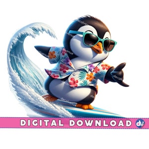 Surfing Penguin Paradise Digital Download PNG Printable Art Cute Animal Sublimation Design Fun Beach Summer Themed Art